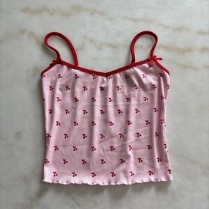 Cherry Print Ribbed Lettuce Hem Bowknot Decor Spaghetti Strap Cami Crop Tank Top
